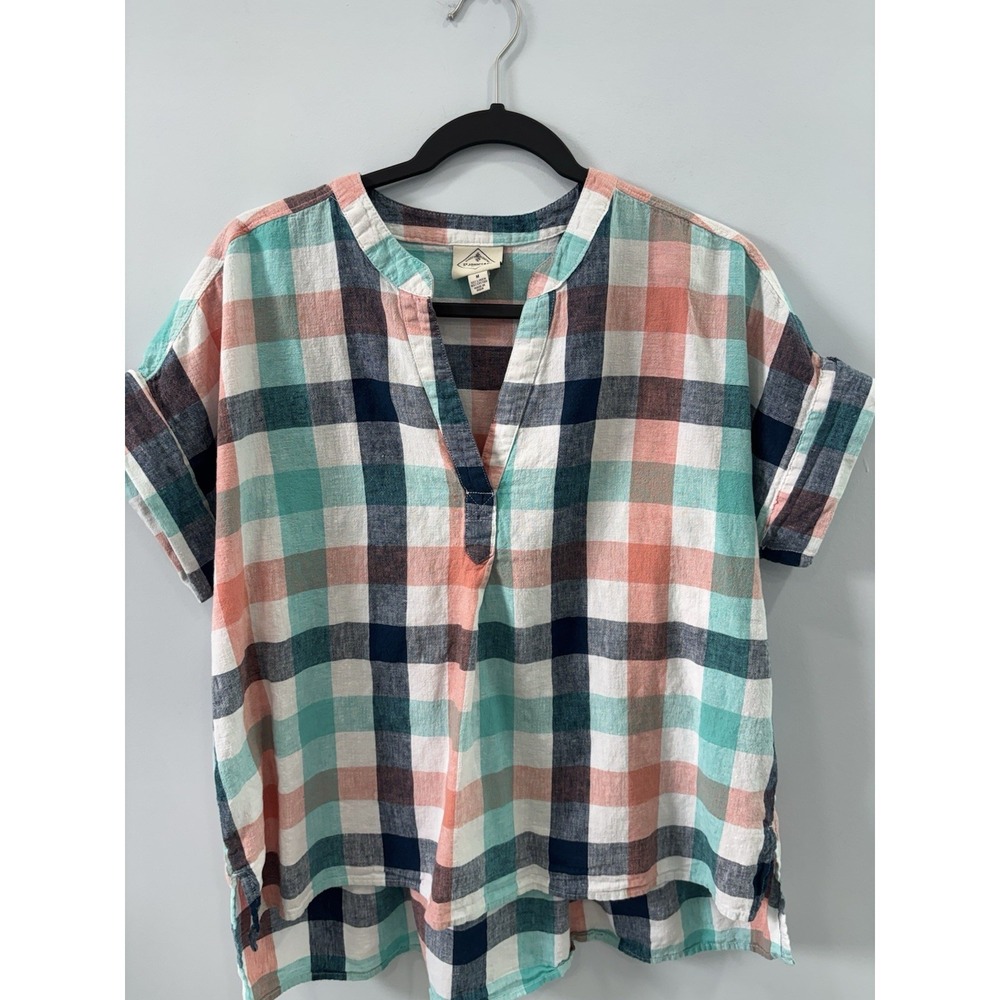 St Johns Bay Women's Linen Cotton Plaid Tunic Top M Blue Boxy Resortwear - Picture 5 of 9